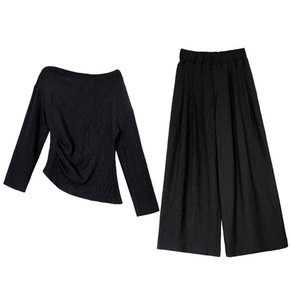 Lazy design asymmetrical one-shoulder waist pleated tops + loose pants women's spring two-piece set
