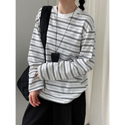 Retro contrasting stripes loose simple long-sleeved T-shirt women's autumn new crew neck bottoming shirt top