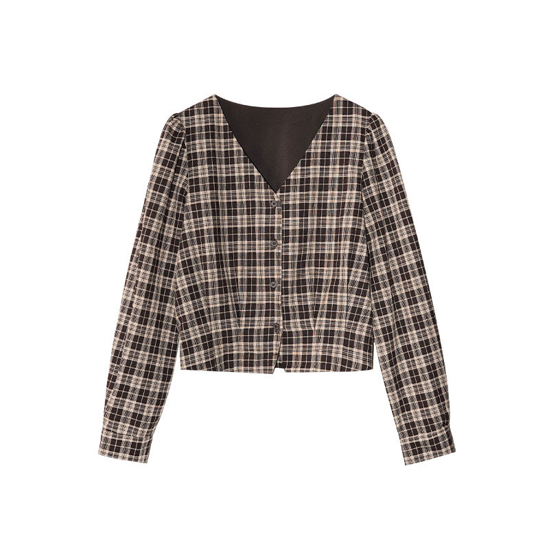 Women's V-Neck Plaid Print Single-Breasted Long Sleeve Cotton Shirt