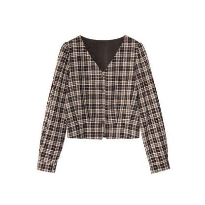 Women's V-Neck Plaid Print Single-Breasted Long Sleeve Cotton Shirt