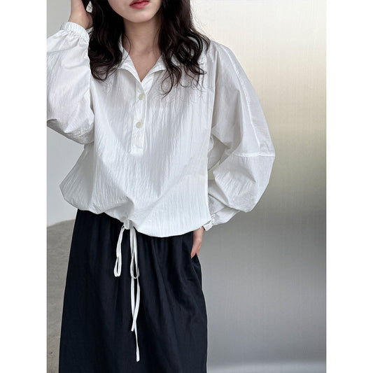 Early autumn new Korean casual pullover lapel shirt women's loose hem drawstring waist top