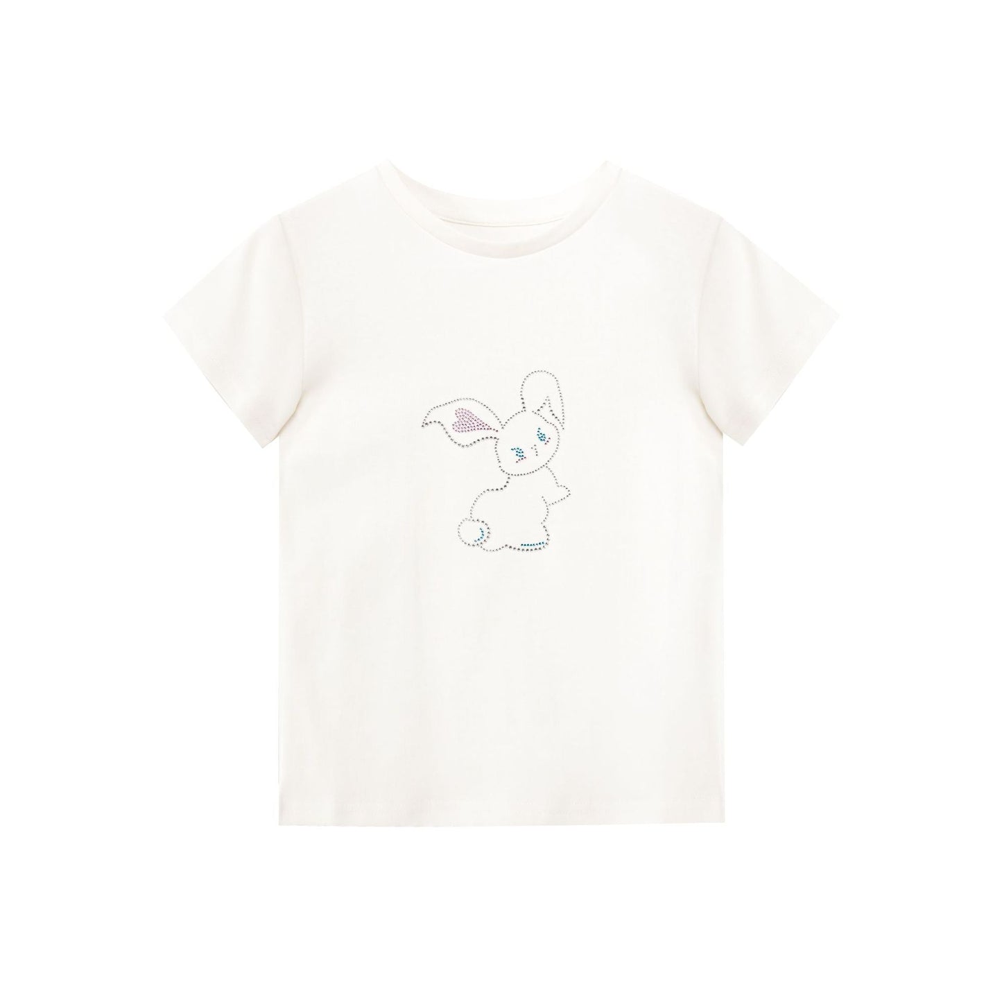 Early spring girl sweet and cute thin beaded round neck short-sleeved T-shirt
