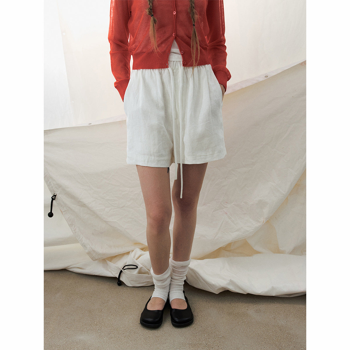 Summer new casual high waist pure linen drawstring solid color easy short casual pants