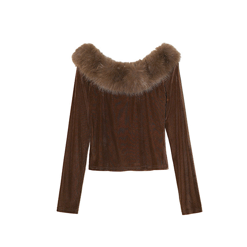 Spice Girl Pure Desire Long Sleeve Off-Shoulder Fur Collar Slim-Fit Bottom Shirt