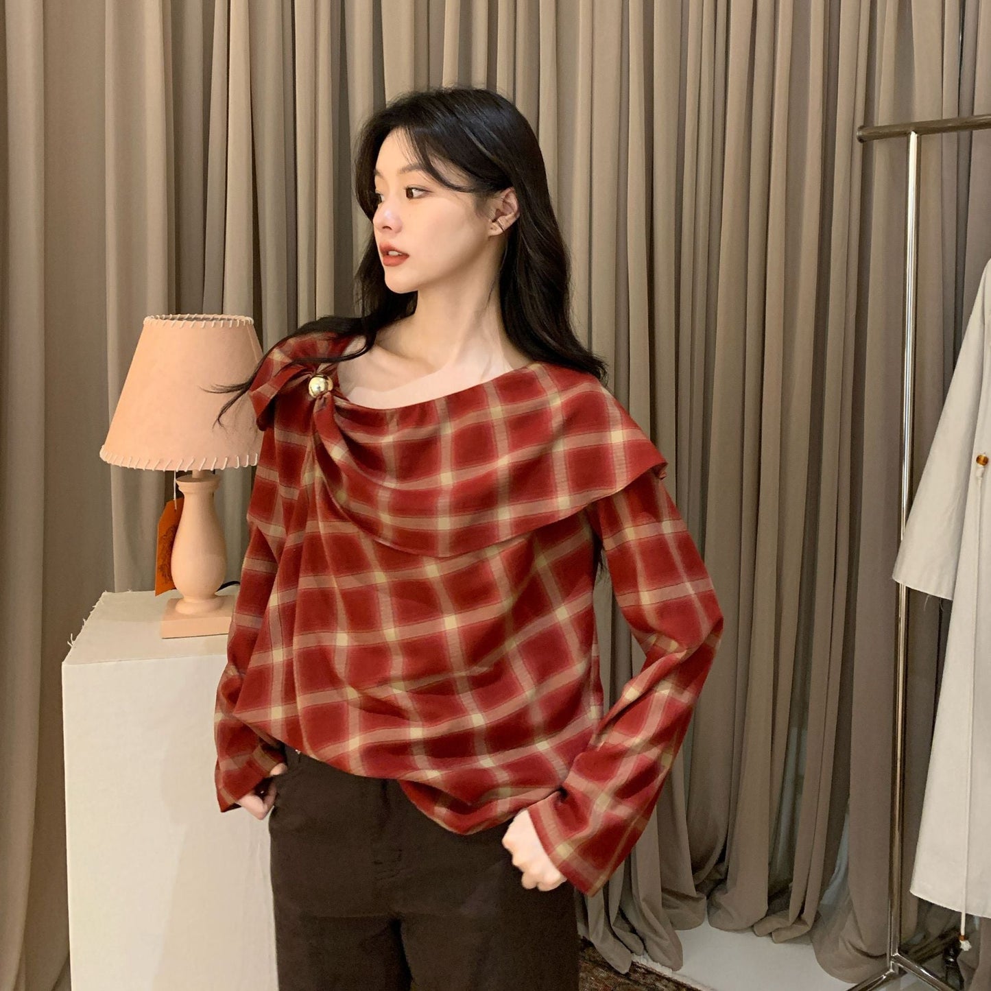 Plaid niche long-sleeved ruffle edge pullover collar shirt women