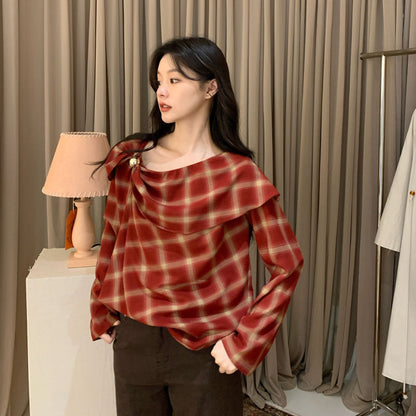 Plaid niche long-sleeved ruffle edge pullover collar shirt women