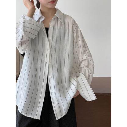 Korean casual temperament striped linen long-sleeved shirt jacket women's early autumn new old money style top
