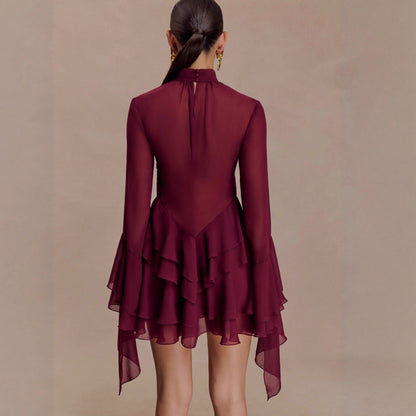 New vacation style horn sleeve cake short skirt ruffle edge sexy chiffon dress women