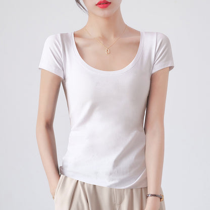 Round Neck Short Sleeve T-Shirt Women Slim Fit Cotton Base Layer Top