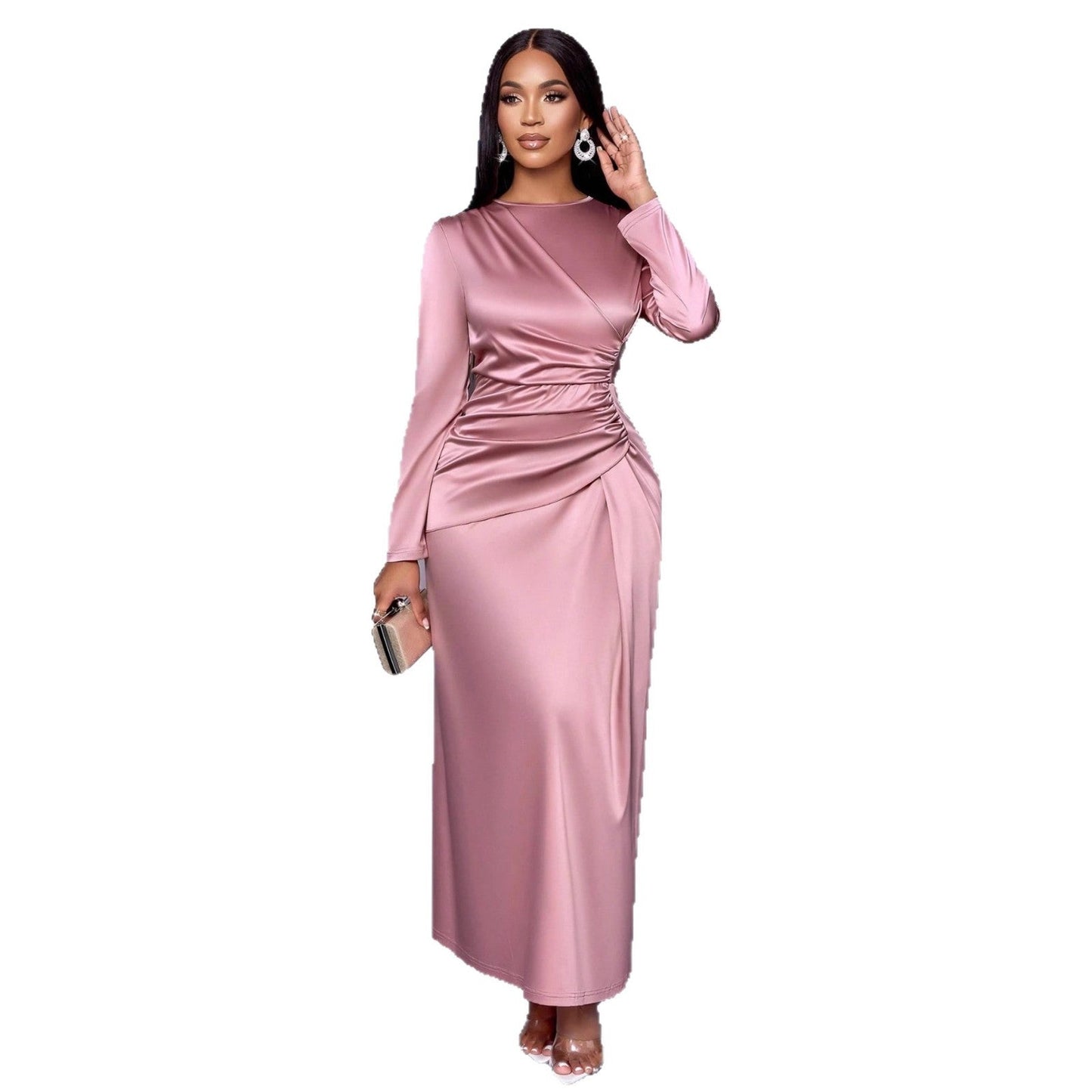 New solid color high-end satin dress fashionable and elegant temperament light evening dress