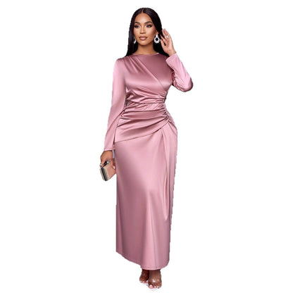 New solid color high-end satin dress fashionable and elegant temperament light evening dress