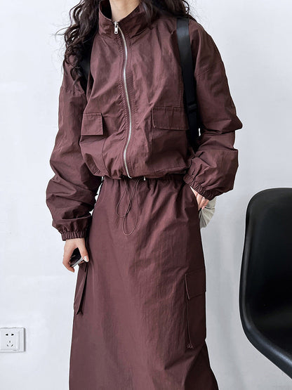 American short jacket + drawstring skirt two-piece outdoor sports tooling suit women