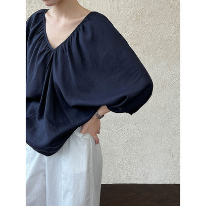 French retro bat-sleeved V-neck shirt women's summer new niche design loose shirt