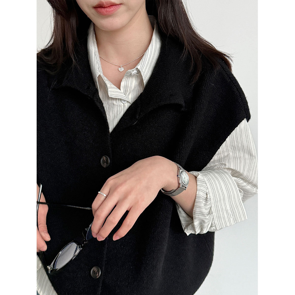 Korean stacked turtleneck knitted vest women's spring drawstring waist versatile sweater vest