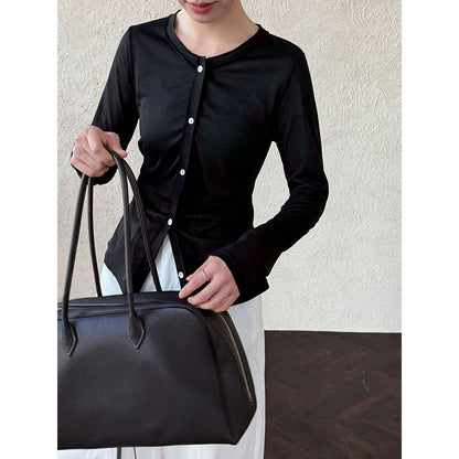 Pleated waist light long sleeve T-shirt women's summer new simple crew neck sunscreen cardigan top