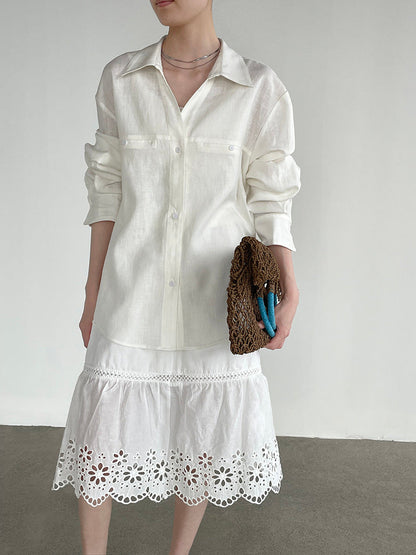 V-Neck Cotton Linen Long Sleeve Cardigan Shirt