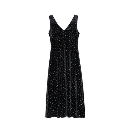 Floral waist-cinching temperament V-neck sleeveless velvet dress