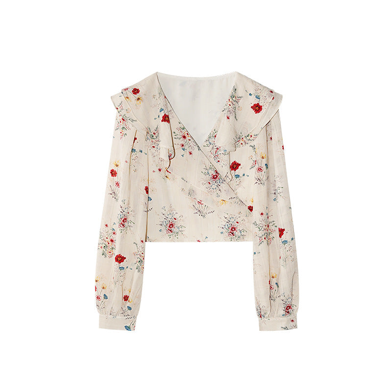 Age-reducing short strap floral ruffle shirt
