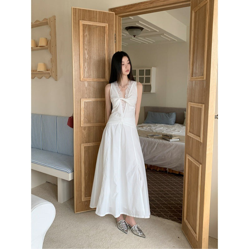 V-Neck Sleeveless Dress Women High Neck Lace A-Line Midi