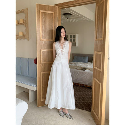 V-Neck Sleeveless Dress Women High Neck Lace A-Line Midi