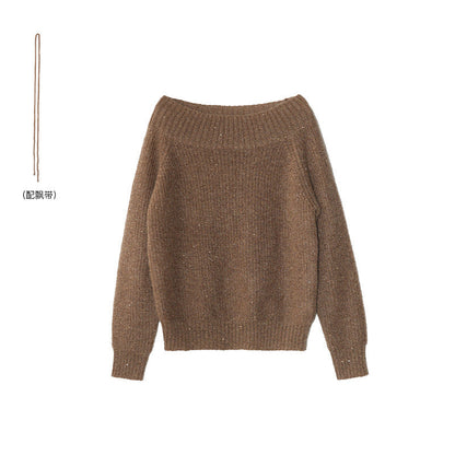 Temperament loose slanted shoulder backless sexy lace-up sweater