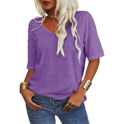 V-Neck Short Sleeve T-Shirt Women Loose Fit Casual Cotton Top