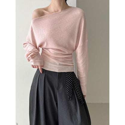 Design sense waist slim slanted shoulder knitted sweater women's autumn new long-sleeved off-the-shoulder top bottoming shirt ss780