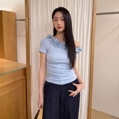 Women's 3D Floral Off-Shoulder Asymmetric Sleeve Pinch-Waist Tencel Top