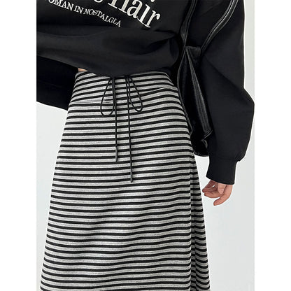 Commutingcasual lazy high waist drawstring skirt autumnew arrivaldrapedstripes slit long skirt