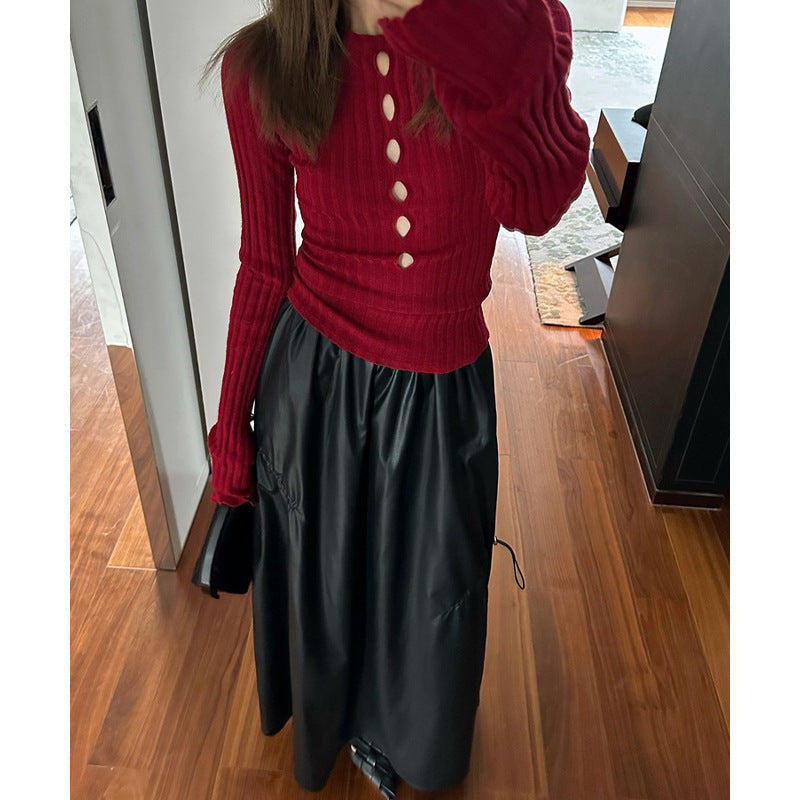 Dopamine Hollow Design Sense Wool Knitted Bottom Shirt Early Autumn Spice Girl Slim Sweater