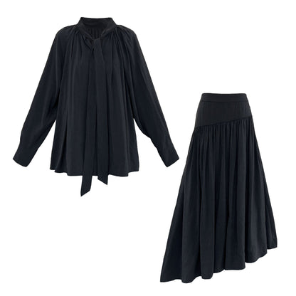 Korean temperament design sense streamer long-sleeved shirt + skirt women's autumn new lazy sense suit