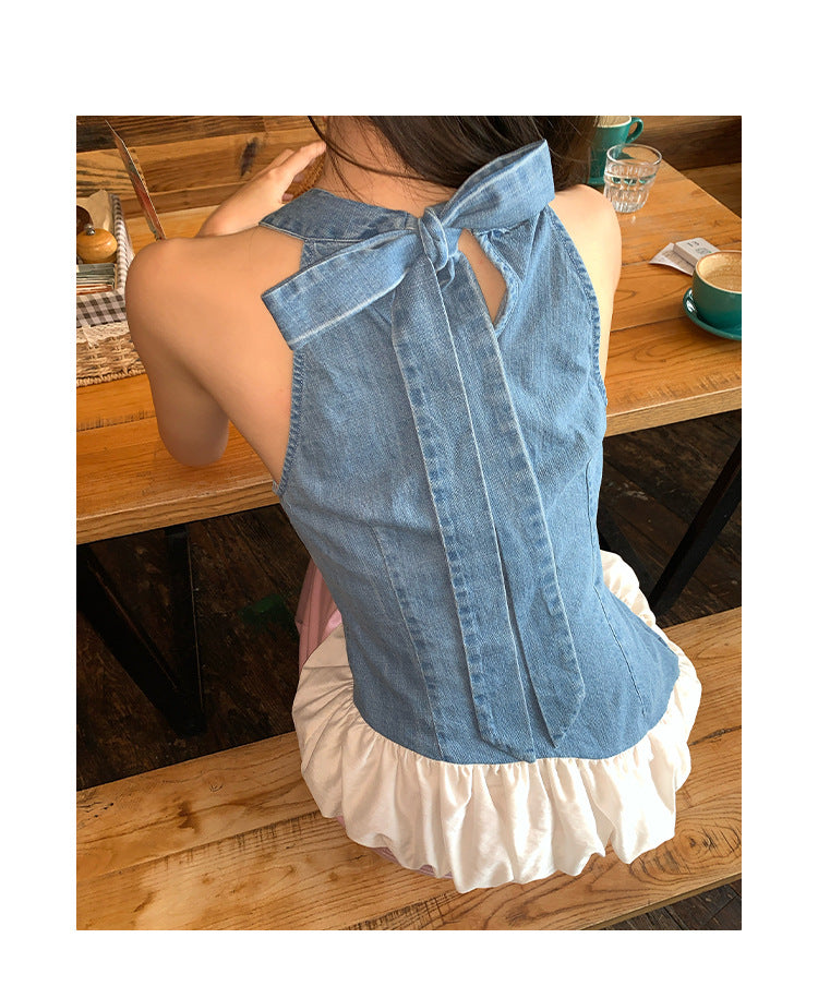 Denim Vest Asymmetrical Neck Sleeveless Top