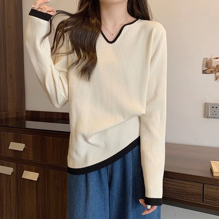 Color Block Long Sleeve T-Shirt Women Loose Fit V-Neck Mid-Length Top