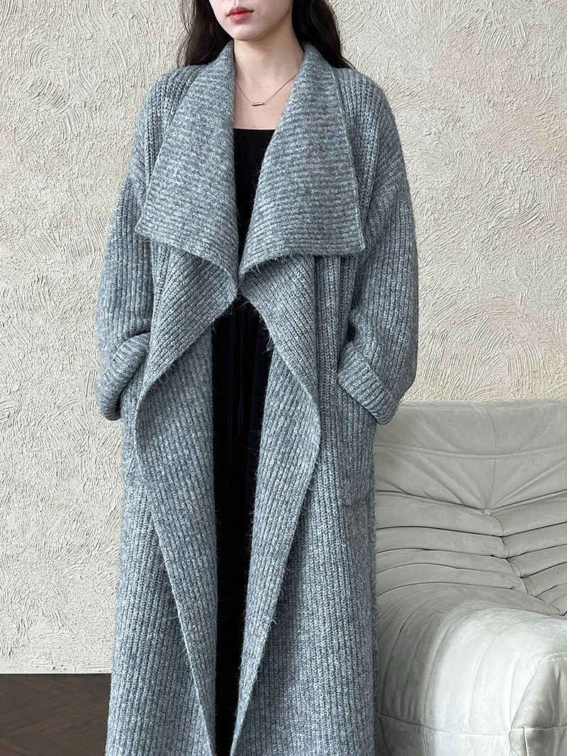 Korean style oversized knit cardigan with wide lapel - new autumn collection, soft and cozy wool blend, relaxed fit long coat