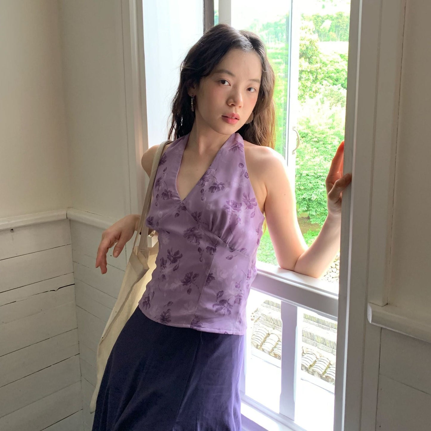 Romantic purple charm sleeveless halterneck backless camisole