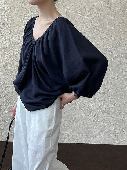 French retro bat-sleeved V-neck shirt women's summer new niche design loose shirt