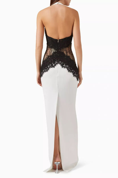 New fashionable and sexy neck splicing long dress backless socialite slim lace dress