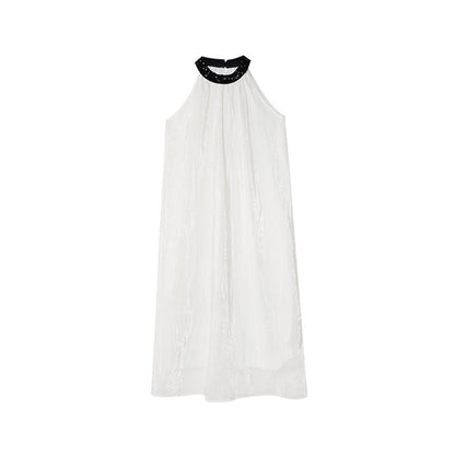Contrast Color Halter Neck Sleeveless A-Line Maxi Dress