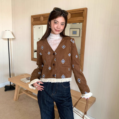 Vintage fringed design rhombus embroidered short temperament suede jacket