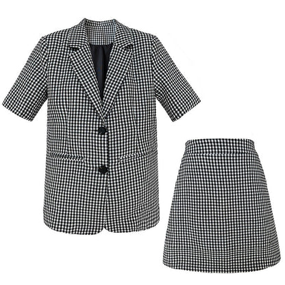 Plaid short-sleeve lightweight blazer + a-line skirt two-piece fashion commute set