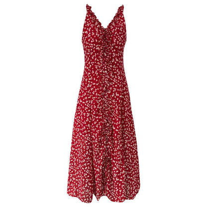French floral seaside resort sundress summer new slimming V-neck lace halterneck dress
