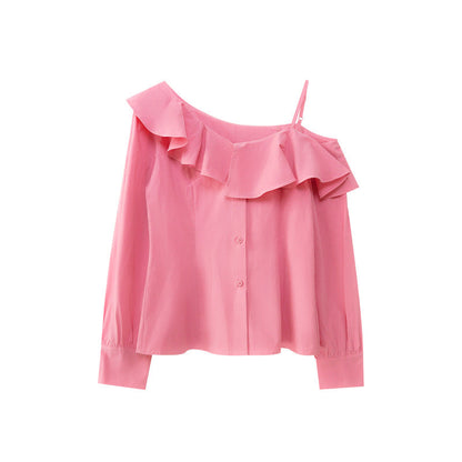 Temperament ruffle edge long-sleeved off-shoulder shirt