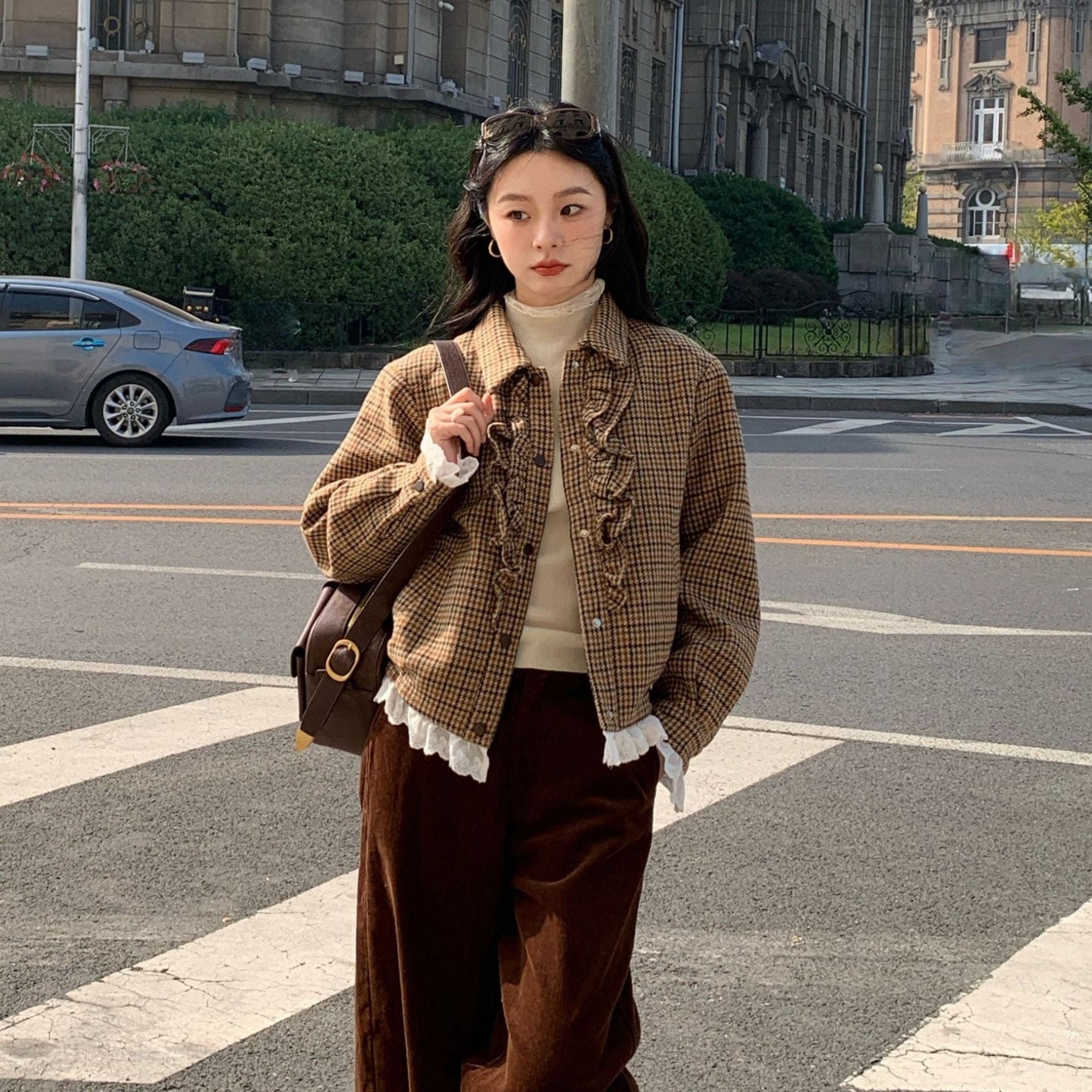 Women's Plaid Lapel Lettuce-Edge Spliced Loose Short Jacket