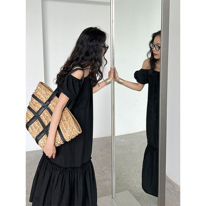 Korean version of the sweet dress summer new bubble sleeve suspender skirt one-word shoulder holiday style dress