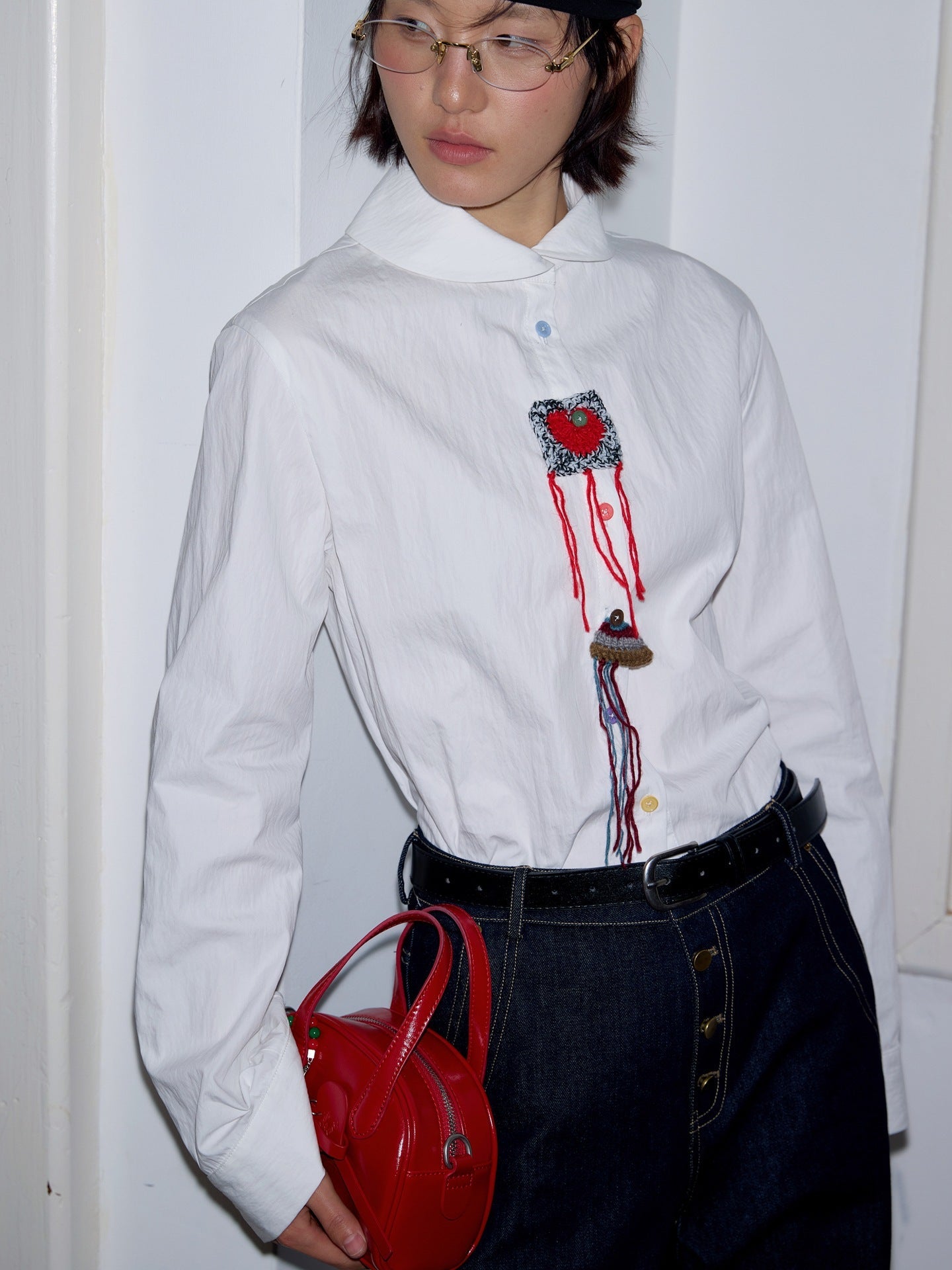 Doll collar waist shirt retro literary design cardigan