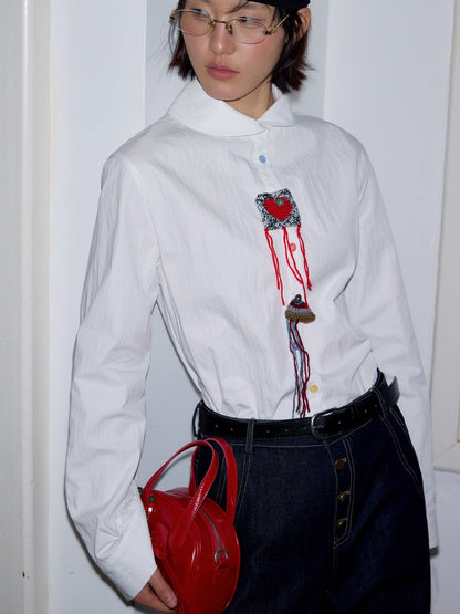 Doll collar waist shirt retro literary design cardigan