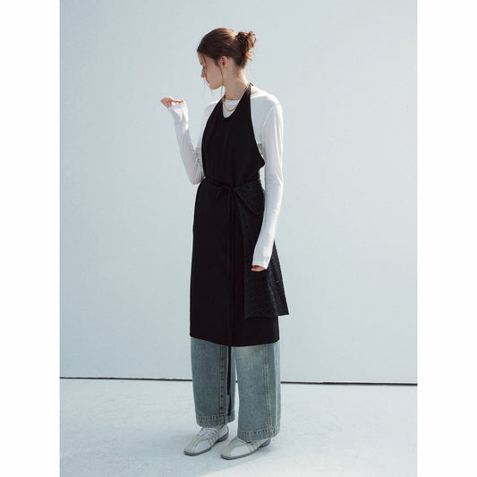 New Spring Casual Halterneck Neck Simple Open Back Solid Color Lace-Up Wrap Dress