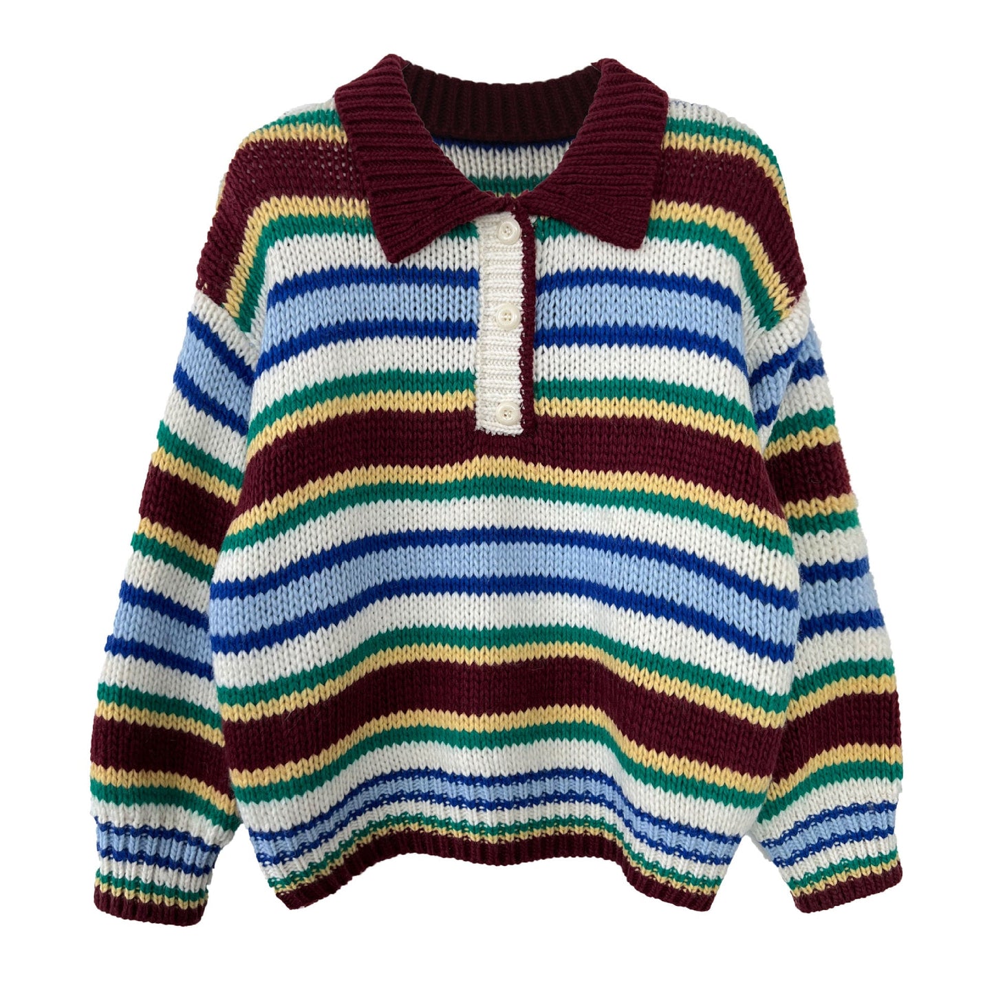 Korean striped polo neck sweater women's autumn and winter long-sleeved loose soft waxy knitted sweater colored top