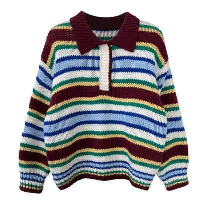 Korean striped polo neck sweater women's autumn and winter long-sleeved loose soft waxy knitted sweater colored top