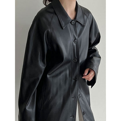 Korean retro high-end black medium and long leather jacket women's autumn new soft waxy leather